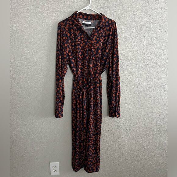 Eloquii Navy and Rust Long Sleeve Floral Button Front Shirt Dress Size 20 - Picture 1 of 6